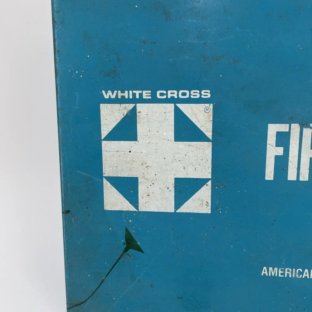 Steel Wall Mount First Aid Kit White Cross Lab Factory Industrial Film Prop Vtg